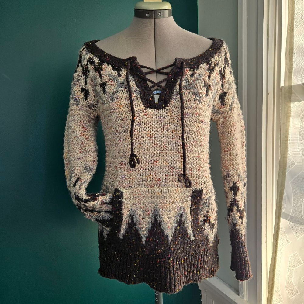 Free People Women's Size XS Wool Mohair Fair Isle Nordic Brown Sweater Grunge